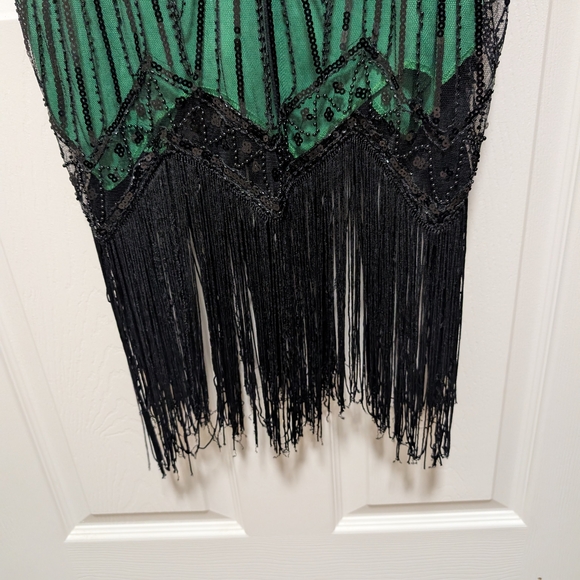 Green Beaded Fringe V-Neck Cocktail Dress - Picture 4 of 4
